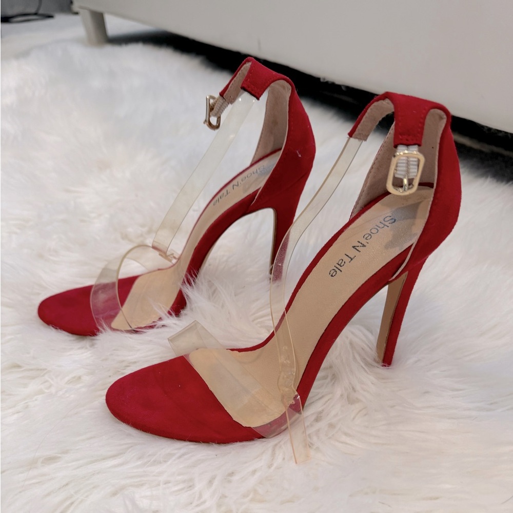4 1/2” Sexy Clear Strap Stiletto Red Heels - Size 6.5